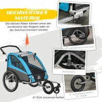 HOMCOM 3 in 1 Kinderanhänger Kinder Jogger Fahrradanhänger mit 360 Grad schwenkbarem Vorderrad Radanhänger für 2 Kinder mit Schwingungsdämpfungssystem Aufbewahrungstasche Wetterschutz Aluminium Blau(m-6)