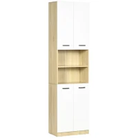 kleankin Armario Alto de Baño con 4 Puertas 2 Estantes Abiertos y Estantes Ajustables 53x33,5x195,7 cm Blanco y Roble(m-1)