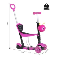 HOMCOM 3 en 1 Patinete para Niños de +18 Meses Scooter de 3 Ruedas con Asiento Extraíble Manillar Mango de Empuje Altura Ajustable 62x25x72,5 cm Rosa(m-3)
