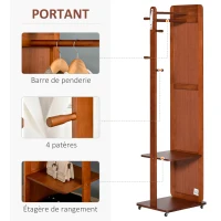 HOMCOM Miroir sur Pied avec roulettes - Portant, 4 patères étagère MDF Aspect Noyer(m-5)