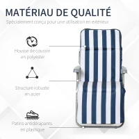 Outsunny Lot de 2 Chaise Longue Bain de Soleil Adjustable Pliable avec coussin transat lit de Jardin en Acier Bleu + Blanc(m-7)
