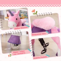 HOMCOM Schaukelpferd Einhorn, 4 Rollen, 2 Pedale, gepolsterter Sattel, 70 cm x 32 cm x 87 cm; Pink + Lila + Weiß(m-7)