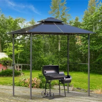 Outsunny Tonnelle jardin 2,4 x 1,5 m - abri barbecuesteakhouse 2 étagères, toit de barbecue alu. métal noir toit polycarbonate(m-2)