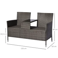 Outsunny Gartenbank Polyrattan 2-Sitzer UV-beständig Sitzbank mit Tisch Kissen Rückenlehne Gartenmöbel Parkbank bis 240kg belastbar Balkonbank für Garten Terrasse Balkon 133x63x84cm, Grau(m-3)