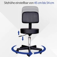 HOMCOM Rollhocker höhenverstellbar mit Rückenlehne Drehhocker 72-84 cm Arbeitshocker 360° drehbar Bürohocker für Büro Salon Massage Spa Schwarz(m-7)