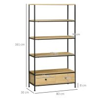 HOMCOM Bibliothèque étagère à 5 niveaux 2 tiroirs style industriel aspect bois et acier 80 x 30 x 161 cm naturel noir(m-3)