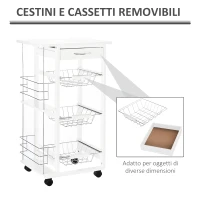 HOMCOM Carrello Isola da Cucina Salvaspazio in Legno di Pino, Carrello Portavivande con 4 Ruote Cassetto 3 Cesti Estraibili Portafrutta, Bianco(m-6)
