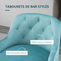 HOMCOM Lot de 2 tabourets de bar chaises hautes capitonnées aspect velours, pieds métal noir et doré avec repose-pieds, accoudoirs hauteur 61 cm - bleu(m-5)