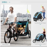 HOMCOM Remolque Infantil 3 en 1 para Bicicleta Carrito para Correr de 2 Plazas para Niños de +6 Meses Plegable Ruedas Giratorias y Manillar Ajustable 150x85x107 cm Azul(m-4)