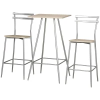 HOMCOM Set 3 Pezzi con Tavolino Alto e Sgabelli da Bar in Legno e Acciaio, Color Quercia(m-10)