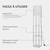 HOMCOM Lampadaire étagère Lampe étagère 26L x 26l x 160H cm 3 étagères 4 Niveaux MDF Blanc(m-5)
