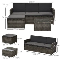 Outsunny 3 Pieces Outdoor PE Rattan Corner Sofa Set with Thick Cushions, Patio Rattan Garden Furniture with Glass Top Coffee Table and Footstool, Grey(m-3)