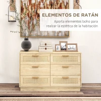 HOMCOM Cómoda de Madera con 6 Cajones de Rejilla de Ratán Estilo Bohemio Mueble Cajonera para Salón Oficina 110x40x69 cm Roble(m-4)