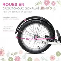 HOMCOM Trottinette patinette Enfant Grandes Roues pneumatiques Guidon réglable Frein AV-AR Garde-Boue béquille Panier métal Rose Blanc(m-7)