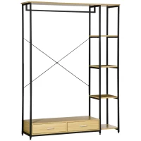 HOMCOM Appendiabiti in Stile Industriale con 2 Cassetti e 4 Ripiani Aperti in Dotazione, in Acciaio e Truciolato, 130x40x180cm, Color Legno e Nero(m-1)