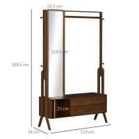 HOMCOM Perchero de Bambú con Banco Espejo 2 Cajones 4 Ganchos Barra y Compartimiento de Almacenaje 113x33x169,5cm Marrón(m-3)