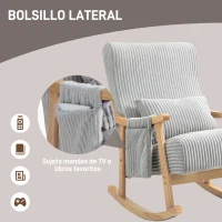 HOMCOM Silla Mecedora de Pana con Patas y Reposabrazos de Madera de Caucho Cojín Lumbar y Bolsillo Carga 120 kg Gris(m-5)