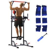 HOMCOM Station de traction musculation multifonctions punching ball chaise romaine hauteur réglable acier noir rouge(m-10)
