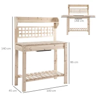 Outsunny Banco Tavolo da Lavoro per Giardinaggio in Legno Naturale con Vaschetta Integrata e Mensole 100x45x140cm(m-3)