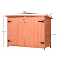Outsunny Gartenschrank Holz Geräteschuppen mit Fachböden Gerätehaus Gartenhaus mit 3 Fächern 2 Türen Asphaltdach Massivholz Natur 128 x 49 x 80/91 cm(m-3)