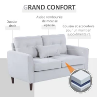 HOMCOM Canapé 2 Places Grand Confort dim. 140L x 78l x 83H cm Coussin déco. Inclus Pieds Bois Massif Eucalyptus Tissu Lin Gris Clair(m-6)