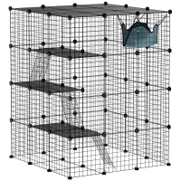 PawHut Gabbia per Gatti Modulabile a 4 Livelli con Piattaforme, Rampe e 5 Porte, in Acciaio e PP, 105x105x140 cm, Nero(m-10)