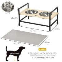 PawHut Futterstation, 2 herausnehmbare Fressnäpfe, höhenverstellbar, Napfunterlage, Natur+ Schwarz + Silber(m-3)