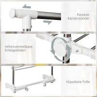 HOMCOM Turmwäscheständer ausziehbar Standtrockner mit 3 Ebenen, klappbare Flügel, Rollen, Wäschetrockner für Innen und Außen, Weiß, 83-136,5 x 45,5 x 154 cm(m-4)