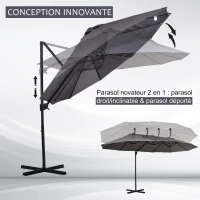 Outsunny Parasol déporté grande taille XXL inclinable avec pied en croix dim. 4,45L x 2,7l x 2,6H m piètement en métal inclus polyester gris(m-4)