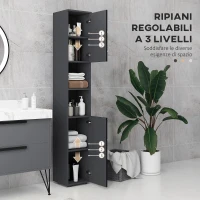 kleankin Colonna Bagno in Truciolato con 2 Ripiani Aperti e 2 Armadietti a 2 Livelli, 30x30x183 cm, Nero e Grigio(m-5)