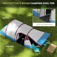 Outsunny Camping Tent, Large Tunnel Tent with Bedroom and Living Area, 2000mm Waterproof, Portable with Bag for 2-3 Man, Red(m-4)