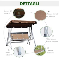 Outsunny Dondolo da Giardino a 3 Posti in Metallo, Tetto Parasole Rimovibile e Lavabile, Marrone e Argento, 171x108x150cm(m-6)