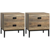 HOMCOM Retro Bedside Table, End Side Table with 2 Drawers, Metal Frame for Bedroom, Living Room, Set of 2, Coffee(m-1)
