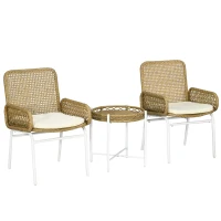 Outsunny Juego de 3 Piezas Sillas y Mesa de Ratán con 2 Sillas 1 Mesa de Centro y Cojines para Terraza Patio Natural(m-10)