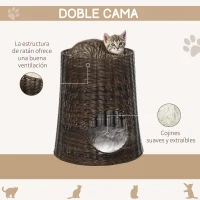 PawHut Cesta de Ratán para Gatos Cama Cueva de 2 Niveles con Cojines Lavables Ø45x50 cm Marrón Oscuro(m-4)