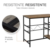 HOMCOM Set Tavolo 2 Sgabelli Alti da Bar in Legno Isola Cucina con Portabottiglie e Portabicchieri in Stile Industriale(m-6)