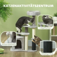 PawHut Katzen-Spielzentrum mit Kratzbaum, Bett, Spielbällen, Plüsch, 60 x 39 x 87 cm, Hellgrau/Creme(m-4)
