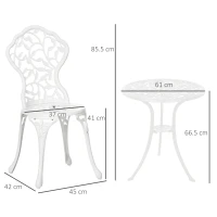 Outsunny 3 Pcs Aluminium Bistro Set Garden Furniture Dining Table Chairs Antique Outdoor Seat Patio Seater White(m-3)