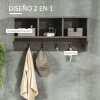 HOMCOM Perchero de Pared Estantería de Pared con 4 Ganchos y 3 Compartimientos para Pasillo Entrada 80x24x35,5 cm Gris(m-4)
