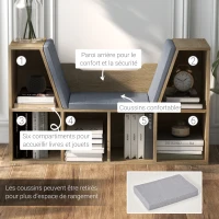 HOMCOM Bibliothèque Banc 2 en 1 Design Contemporain 6 casiers 3 Coussins fournis 102L x 30l x 61H cm Chêne Gris(m-6)