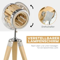 HOMCOM Stativ-Leuchte aus Holz Dreibeiniges Gestell, Scheinwerfer-Design 30 cm x 30 cm x 68 cm Holz Natur + Silber(m-4)