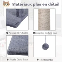 PawHut Arbre à chat 3 griffoirs grattoirs sisal naturel plateforme hamac et boule suspendue dim. 50L x 36l x 70H cm peluche courte gris(m-6)