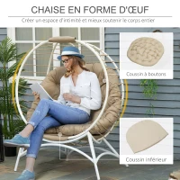 Outsunny Fauteuil cocon œuf sur pied pliant 118 x 75 x 142 cm avec coussin beige inclus métal résine blanc et beige(m-5)