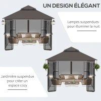 Outgunny Tonnlle de jardin barnum pavillon de jardin 3 x 3 double toit avec moustiquaires amovibles imperméable café(m-5)