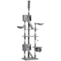 PawHut Árbol para Gatos de Suelo a Techo de 240-260 cm con Altura Ajustable Múltiples Plataformas Cuevas Cestos y Rampas Gris(m-11)