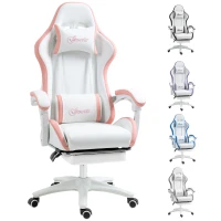 Vinsetto Computer Gaming Chair, PU Leather Office Desk Chair with Footrest, Swivel Wheels, 135° Reclining Back, Lumbar Support, Headrest for Home, White and Pink(m-10)