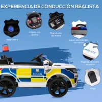HOMCOM Coche Eléctrico Infantil de Policía Coche de Batería 12V con Mando a Distancia Bluetooth Luz USB Sirena Blanco(m-4)