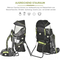 HOMCOM Kraxe Kindertrage für Reise Kinderrückentrage mit Sonnenschutz für 6-36 Monate Tragesitz bis 15 kg Aluminium Oxford Grün+Schwarz 38 x 77 x 87,5 cm(m-4)