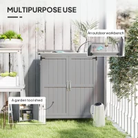 Outsunny Wooden Garden Shed, Garden Tool Storage Shed with Hinged Roof and Shelf, Outdoor Storage Cabinet with Double Doors, Grey(m-4)