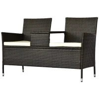 Outsunny Gartenbank Polyrattan 2-Sitzer UV-beständig Sitzbank mit Tisch Kissen Rückenlehne Gartenmöbel Parkbank bis 240kg belastbar Balkonbank für Garten Terrasse Balkon 133x63x84cm, Braun(m-10)